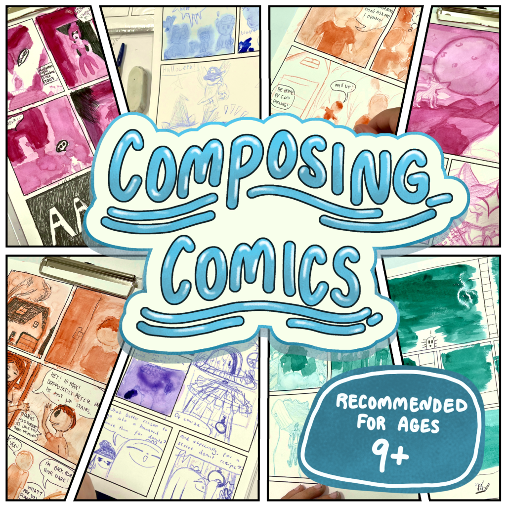 Composing Comics promotional image showcasing a panelled collage of the watercolour comics students have made during the term